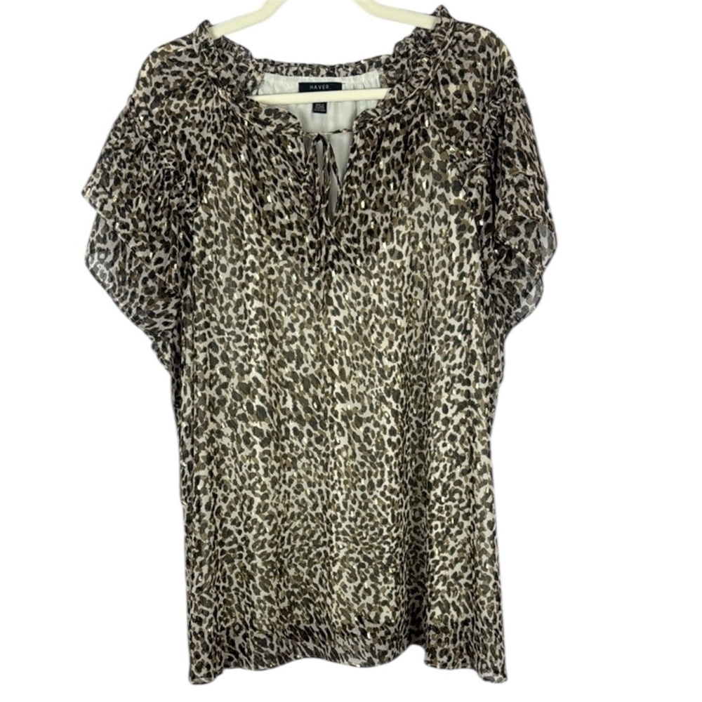 Haver London Ruffled Brown and Black Short Sleeve Blouse Size 2X